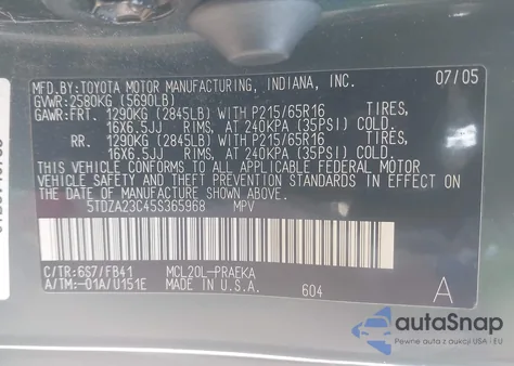 2005 Toyota Sienna Le z USA, uszkodzony, nr VIN 5TDZA23C45S365968